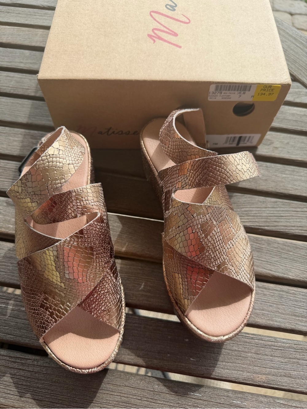 Matisse Rose Gold Metallic Snake-Print Strappy Sandals